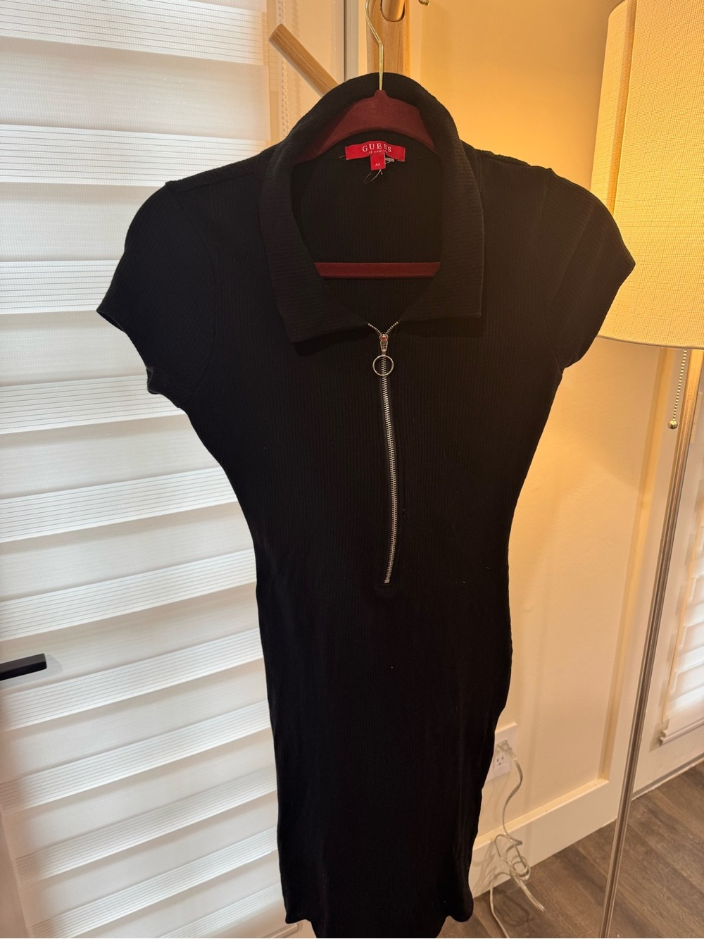 GUESS Black Zip-Front Ribbed Mini Dress